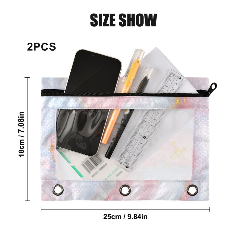 Kcldeci 3 Ring Pencil Pouch  Cute Pastel Unicorn Rainbow Glitter Marble 2 Packs Bulk Zipper Pencil Case Pencil Pouches with Clear Window for Storing School Office Supplies - Image 3